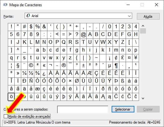 Modo de exibição avançada do Mapa de Caracteres