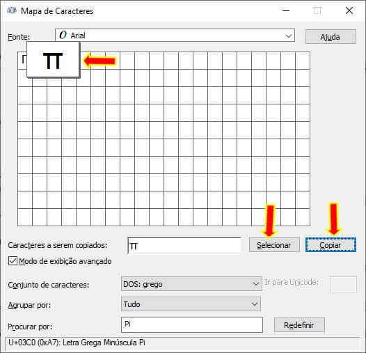 Selecionar e Copiar caractere no Mapa de Caracteres Selecionar e Copiar caractere no Mapa de Caracteres
