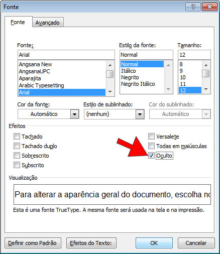 efeito texto oculto no word
