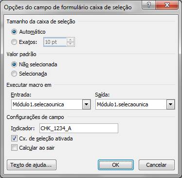 Opções do campo de formulário de caixa de seleção Opções do campo de formulário