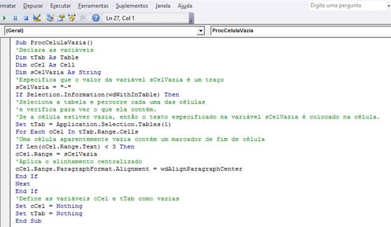 Janela de Código VBA Janela de Código VBA