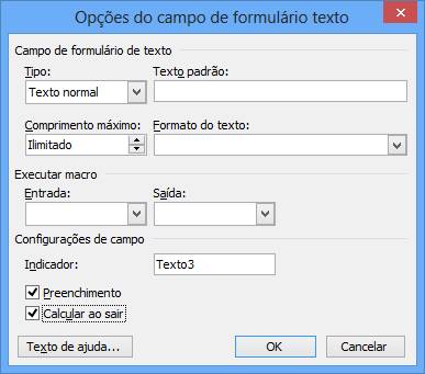 Opções do campo de formulário texto Opções do campo de formulário texto