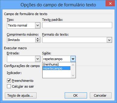 Opções do campo de formulário texto Opções do campo de formulário texto