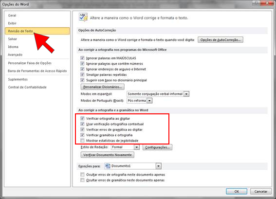 opções de correção ortográfica e gramatical