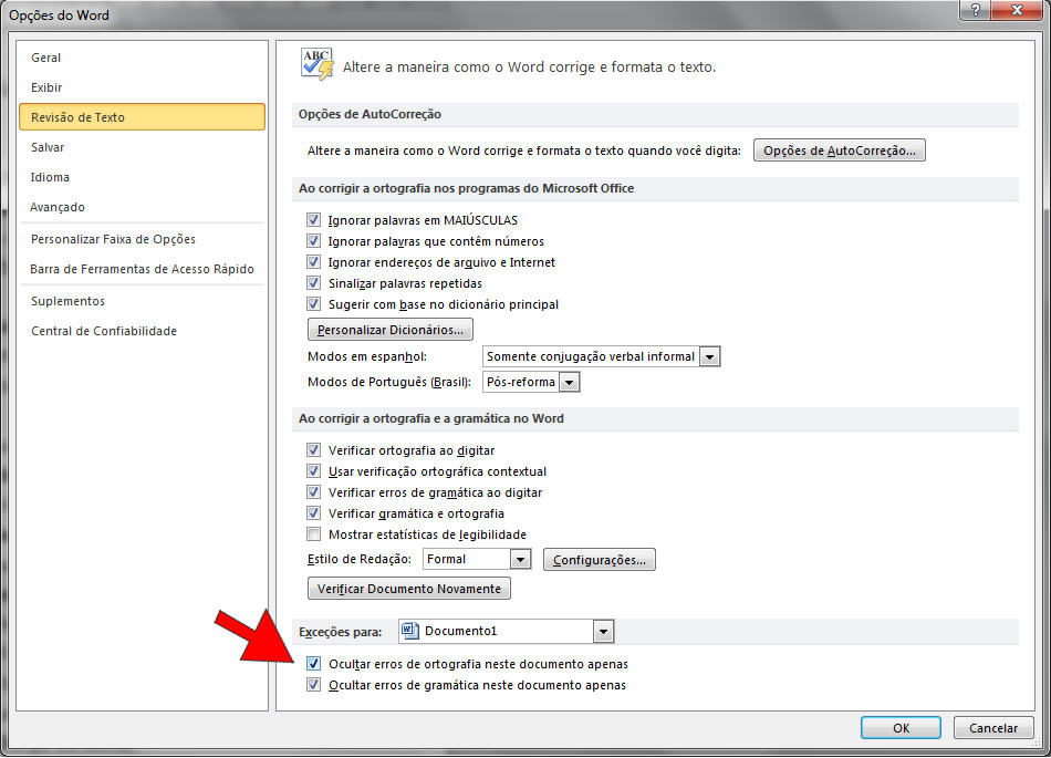 Ocultar erros de ortografia e gramática no documento