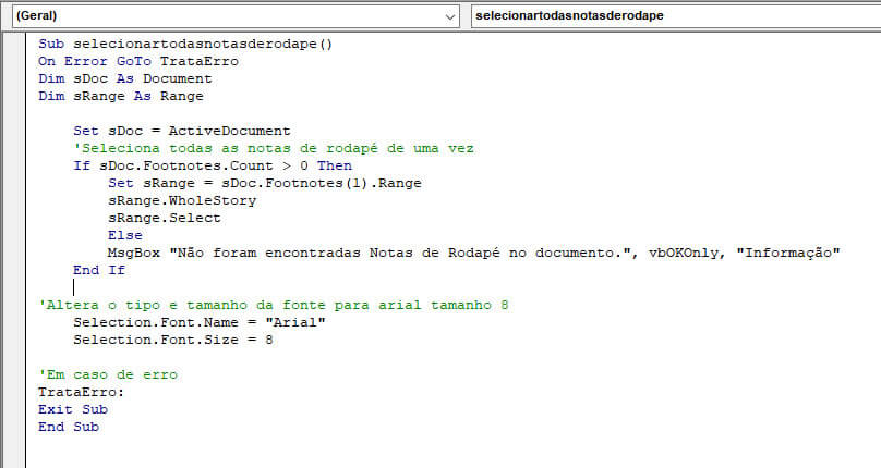 Código vba para selecionar todas as notas de rodapé