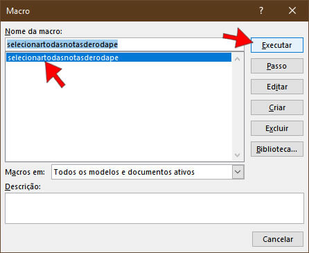 Executar macro para selecionar todas as Notas de Rodapé do documento