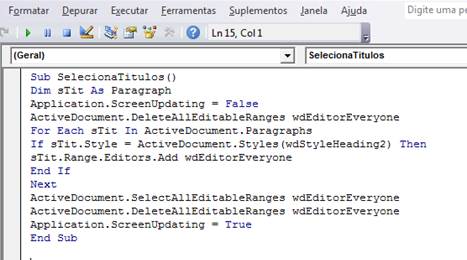 Código VBA para selecionar os títulos Código VBA para selecionar os títulos