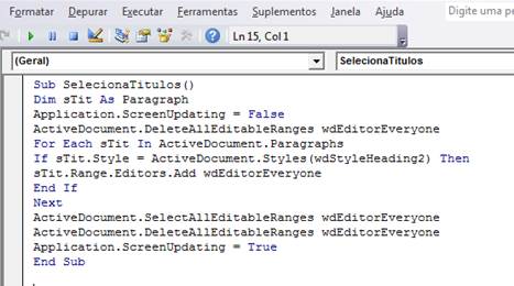 Código VBA para selecionar os títulos