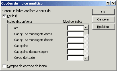 Opções de Índices analíticos