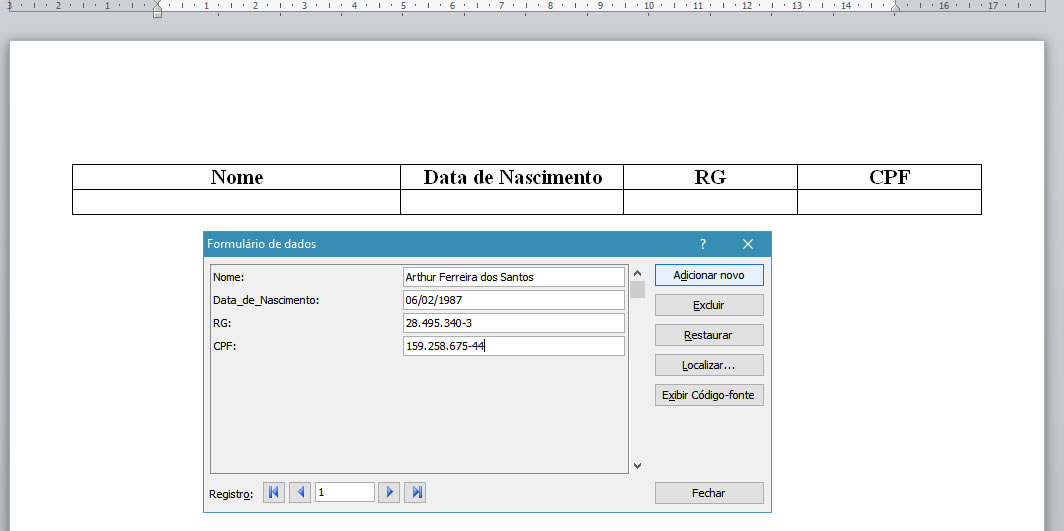 Inserir registro Inserir registro