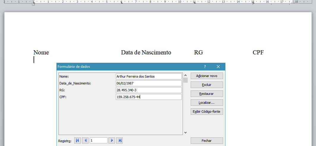 Formulário de dados Formulário de dados