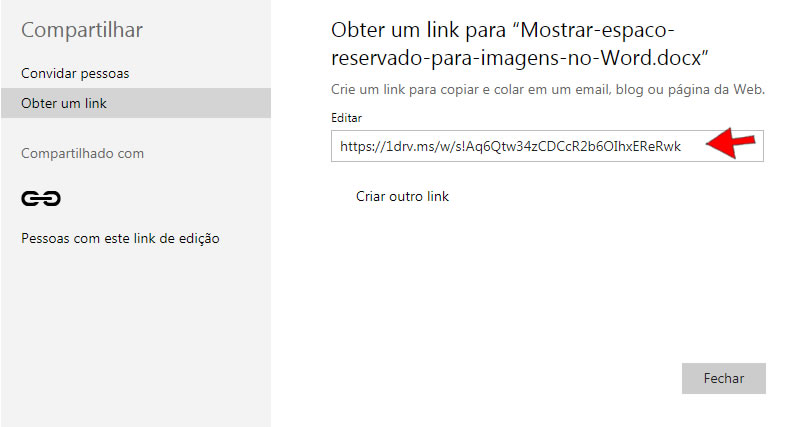 link gerado para compartilhar no Word Online