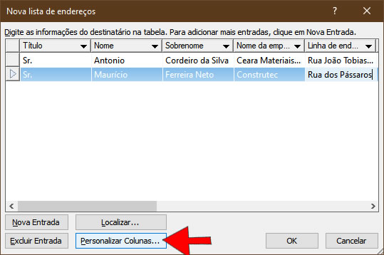 Personalizar colunas Personalizar colunas