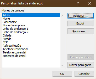 Personalizar lista de endereços Personalizar lista de endereços