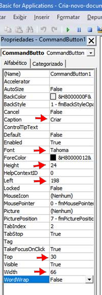 Propriedades do botão de comando