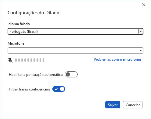 Configurações do ditado configurações do ditado