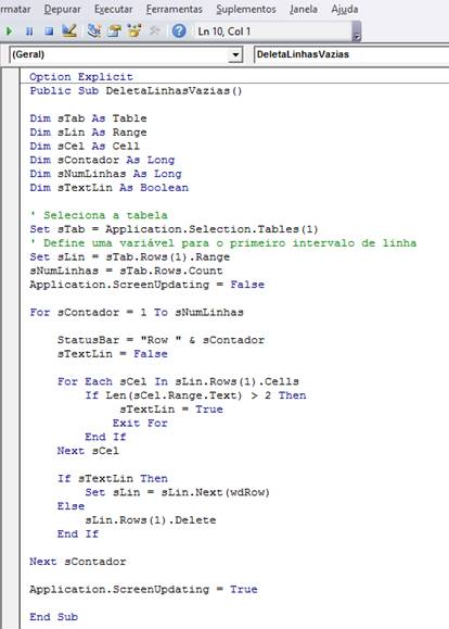 Janela de Código VBA Janela de Código VBA