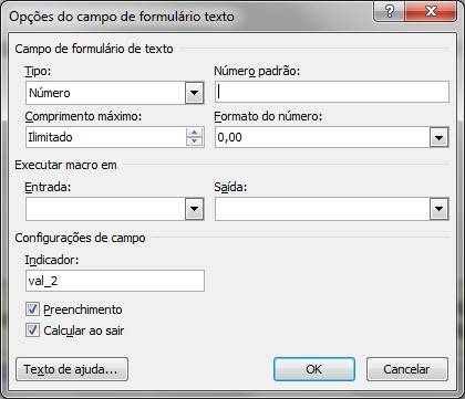 Opções do Campo de formulário texto Opções do Campo de formulário texto