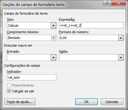 Opções do Campo de formulário texto Opções do Campo de formulário texto