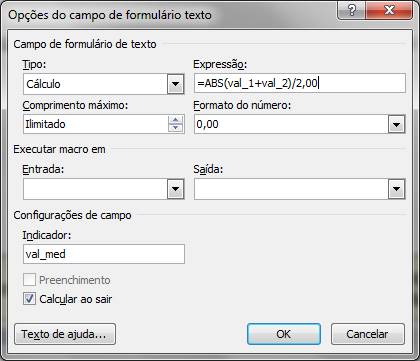 Opções do Campo de formulário texto Opções do Campo de formulário texto
