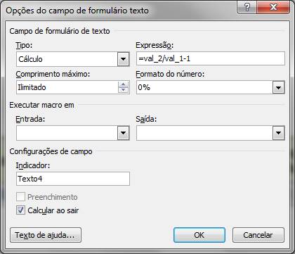 Opções do Campo de formulário texto Opções do Campo de formulário texto