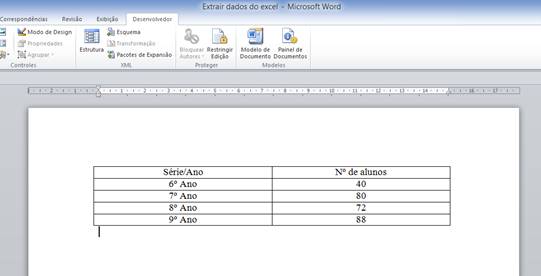Tabela no Word com dados do Excel