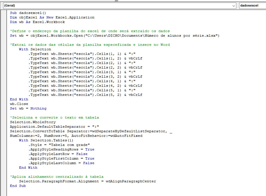 Macro para extrair dados do Excel