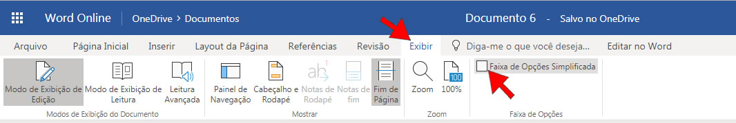 Faixa de Opes Simplificada no Word Online