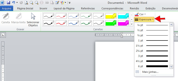 alterar a espessura da caneta
