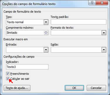 Opções do campo de formulário texto Opções do campo de formulário texto