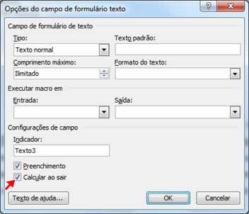 Opções do campo de formulário texto Opções do campo de formulário texto
