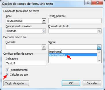 Opções do campo de formulário texto Opções do campo de formulário texto