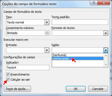 Opções do campo de formulário texto Opções do campo de formulário texto