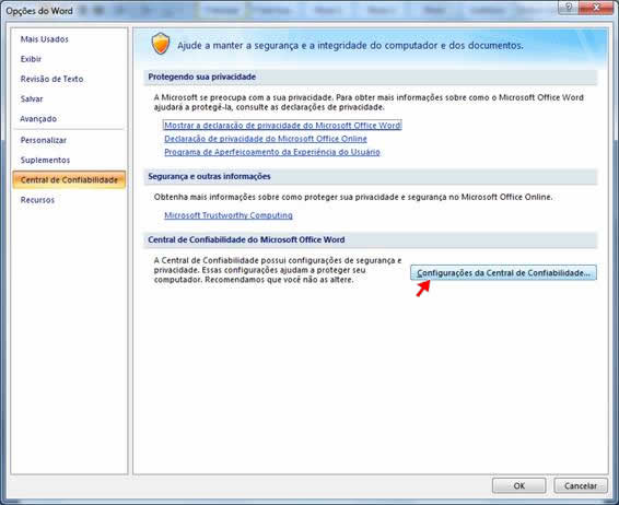 Configurações da Central de Confiabilidade Configurações da Central de Confiabilidade