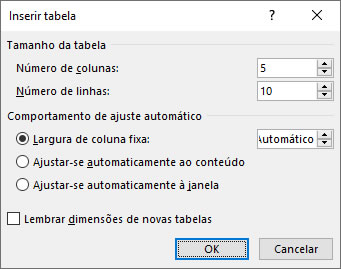 Caixa de diálogo Inserir Tabela Caixa de diálogo Inserir Tabela
