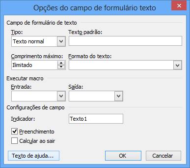 Opções do campo de formulário texto Opções do campo de formulário texto