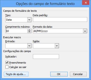 Opções do campo de formulário texto Opções do campo de formulário texto