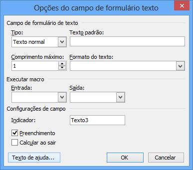 Opções do campo de formulário texto Opções do campo de formulário texto