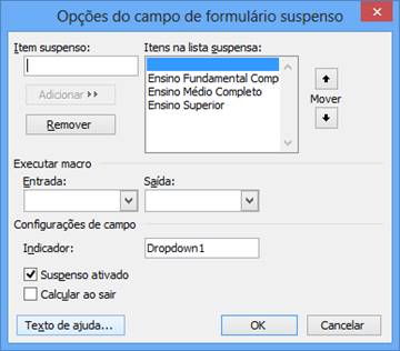 Opções do campo de formulário suspenso Opções do campo de formulário suspenso