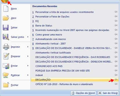 Afixar documento a lista de documentos recentes