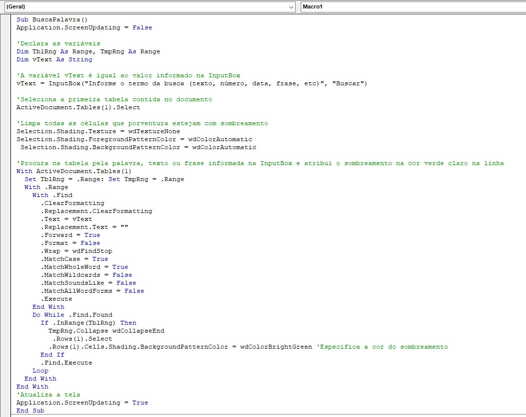 Código da macro busca palavra na tabela