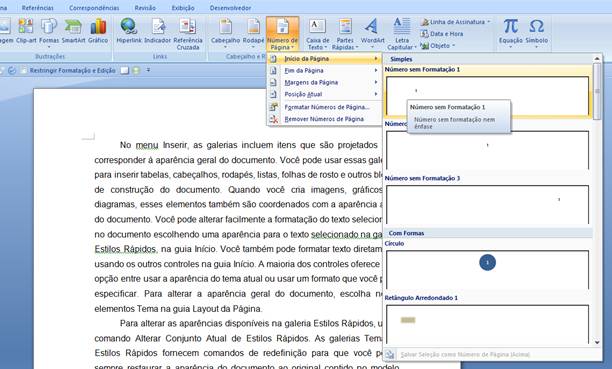 Inserir número de páginas no Word 2007 Inserir número de páginas no Word 2007
