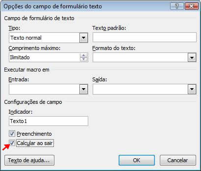 Opções do campo de formulário texto Opções do campo de formulário texto