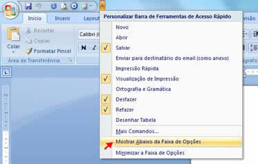 Mostrar abaixo da faixa de opções Mostrar abaixo da faixa de opções