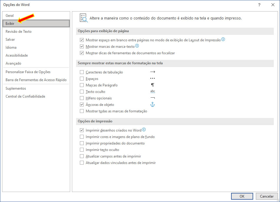 Opções do Word Exibir Opções do Word Exibir