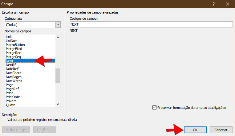 Inserir campo Next