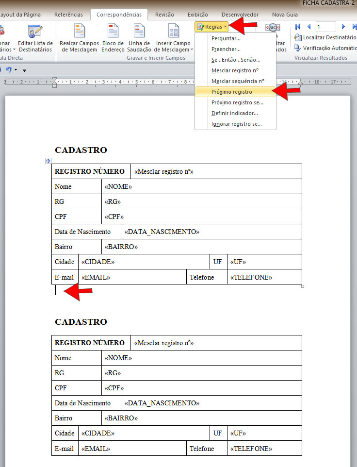 Regra Próximo registro Regra Próximo registro