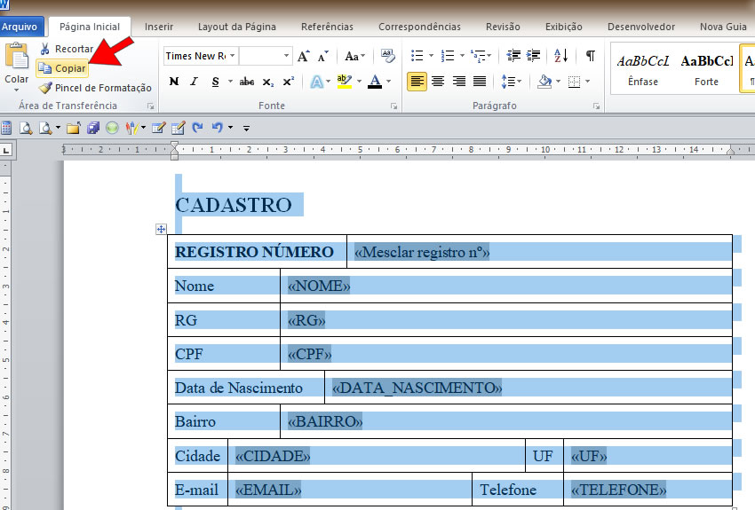 Selecionar e copiar Selecionar e copiar