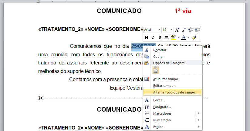 Alternar código de campo Alternar código de campo